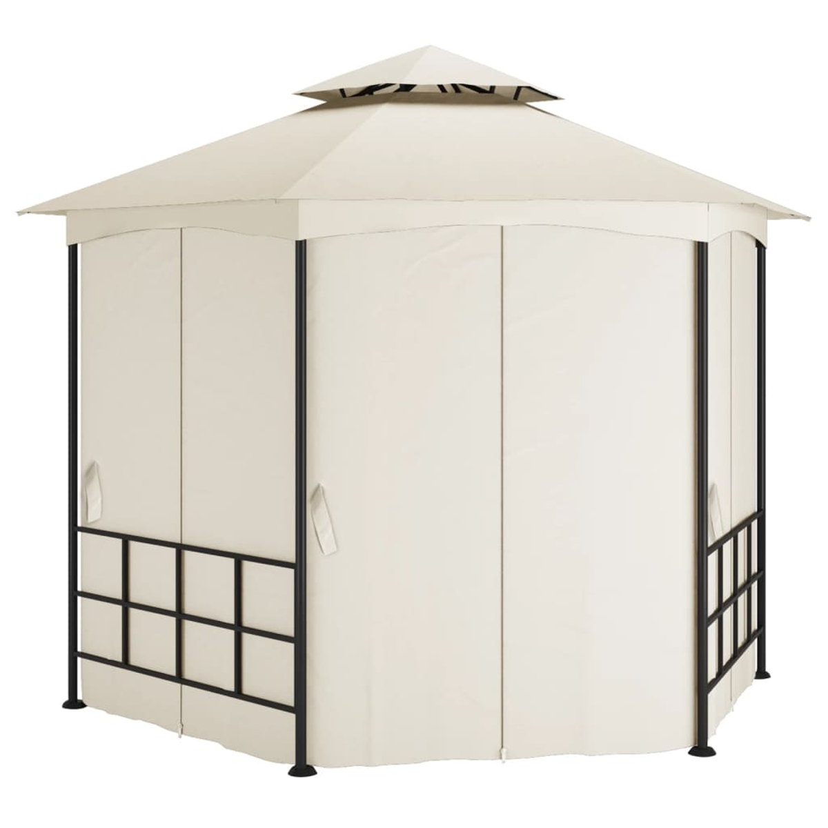 Ein beigefarbener Pavillon mit schwarzem Metallrahmen. Es hat ein spitzes Dach und Stoffseitenwände.
