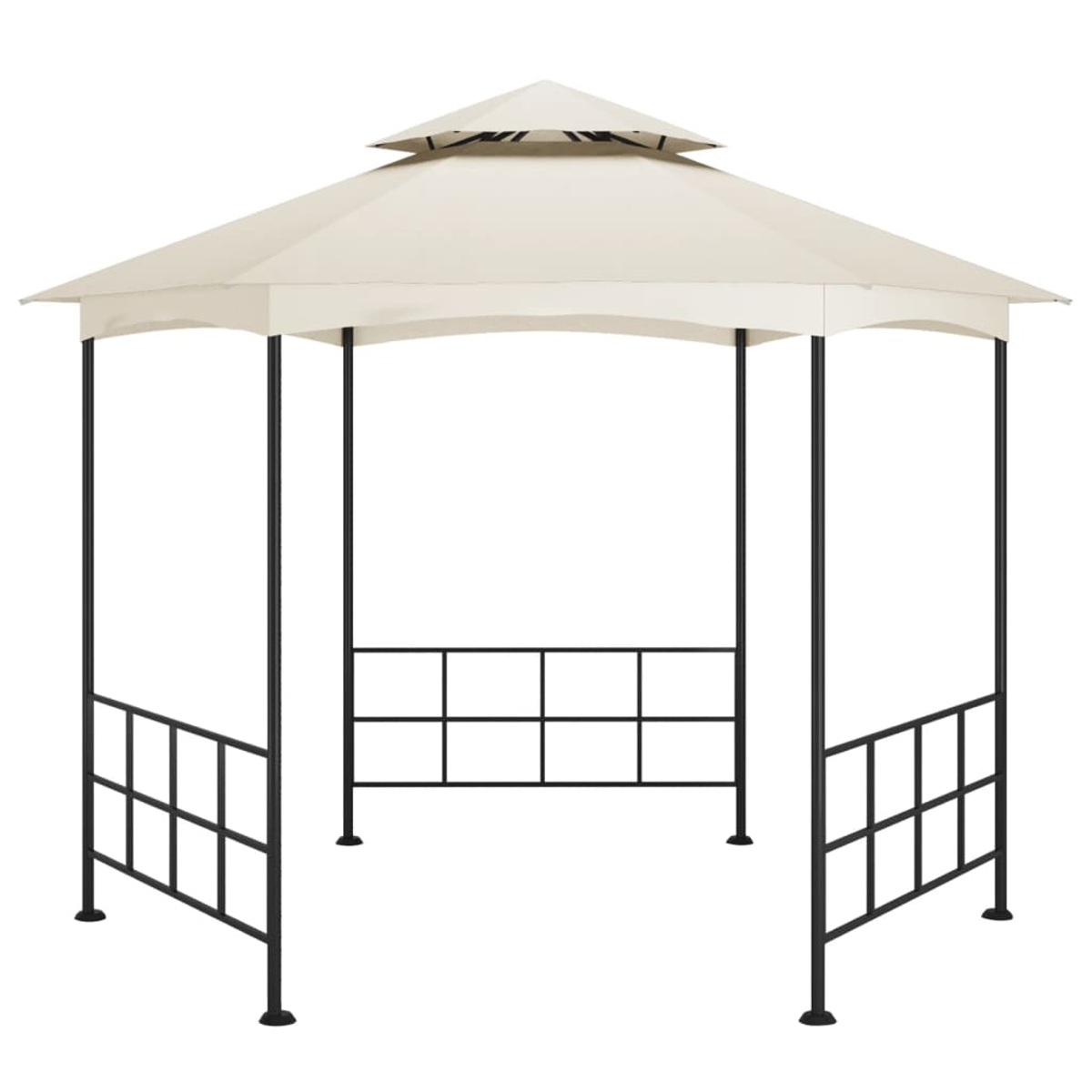 Ein beigefarbener Pavillon mit einem mehrstufigen Dach und einem schwarzen Metallrahmen. Er hat eine quadratische Form und dekorative Geländer an den Seiten.