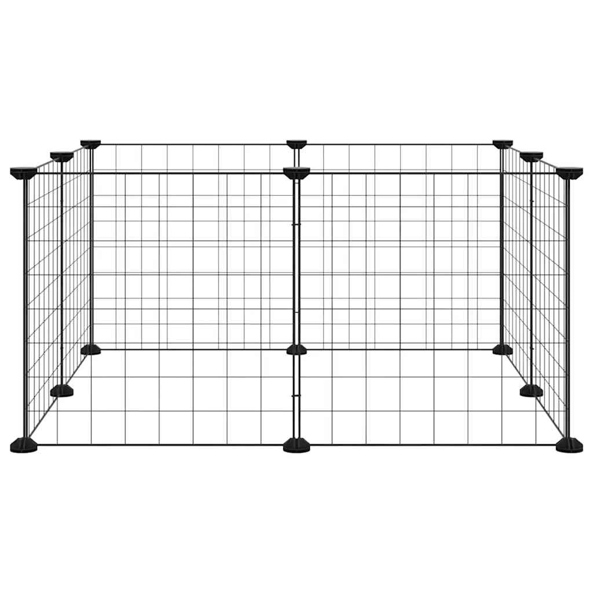 Ein schwarzes Drahtgeflechtgehäuse. Es hat eine rechteckige Form. Die Struktur wird von schwarzen Verbindern an der Basis und den Ecken getragen.