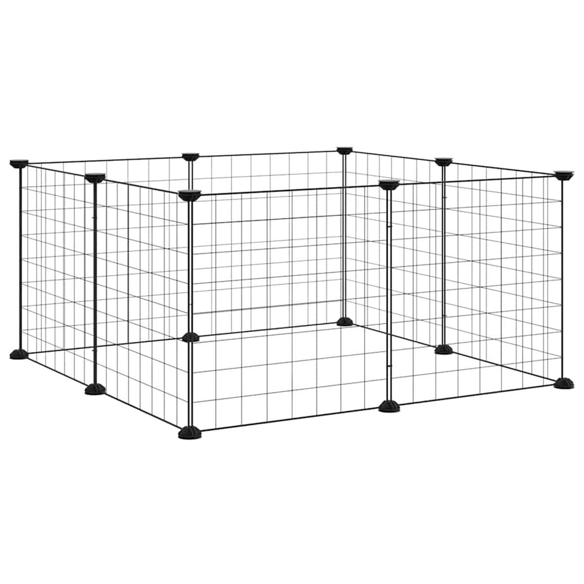 Ein schwarzes Metall-Haustiergehege. Es hat eine rechteckige Form. Der Käfig besteht aus einem Gitter aus Metallstäben und schwarzen Eckverbindern.