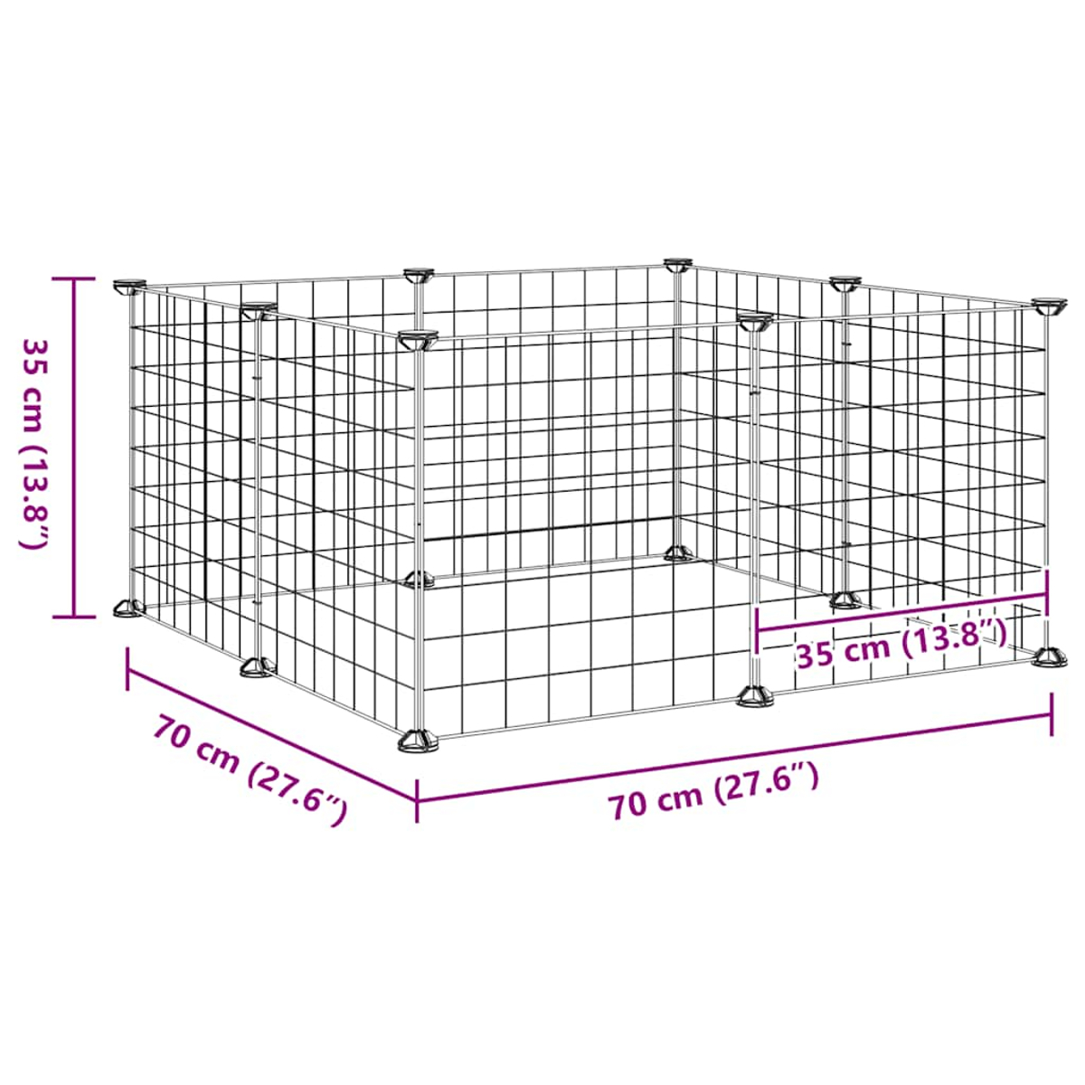 Ein Metall-Haustierspielplatz, Drahtgitter, Abmessungen in cm und Zoll angegeben. 70x70x35 cm. Grauer Metallrahmen, auf weißem Hintergrund montiert.