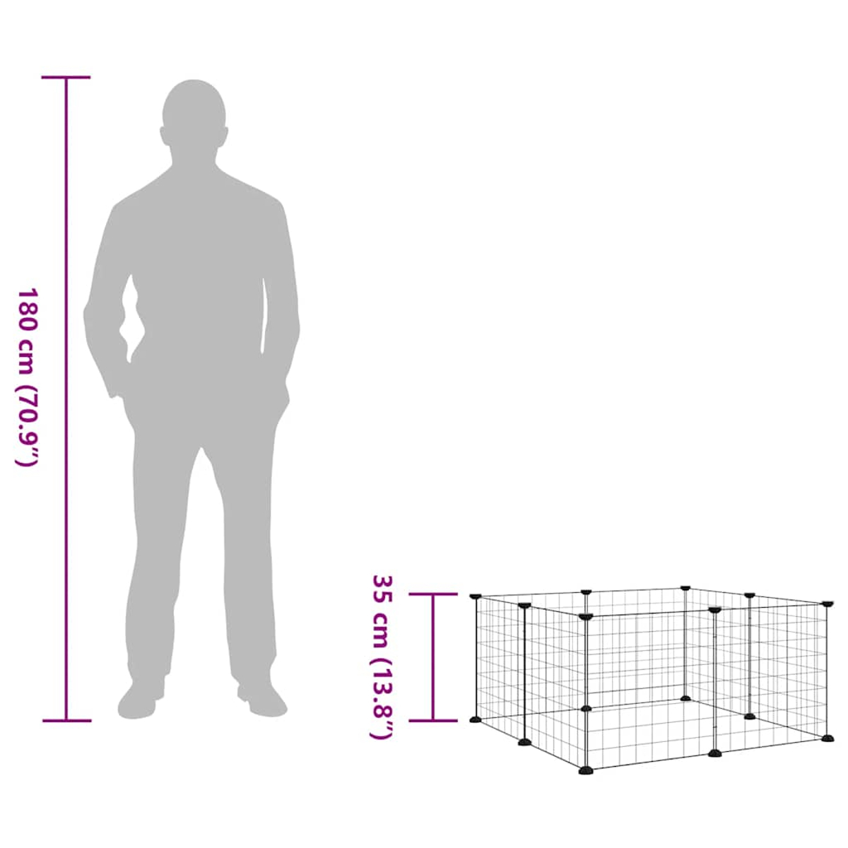 Eine Silhouette einer Person steht neben einem Draht-Haustier-Gehege. Die Person ist 180 cm groß. Das Gehege ist 35 cm hoch.