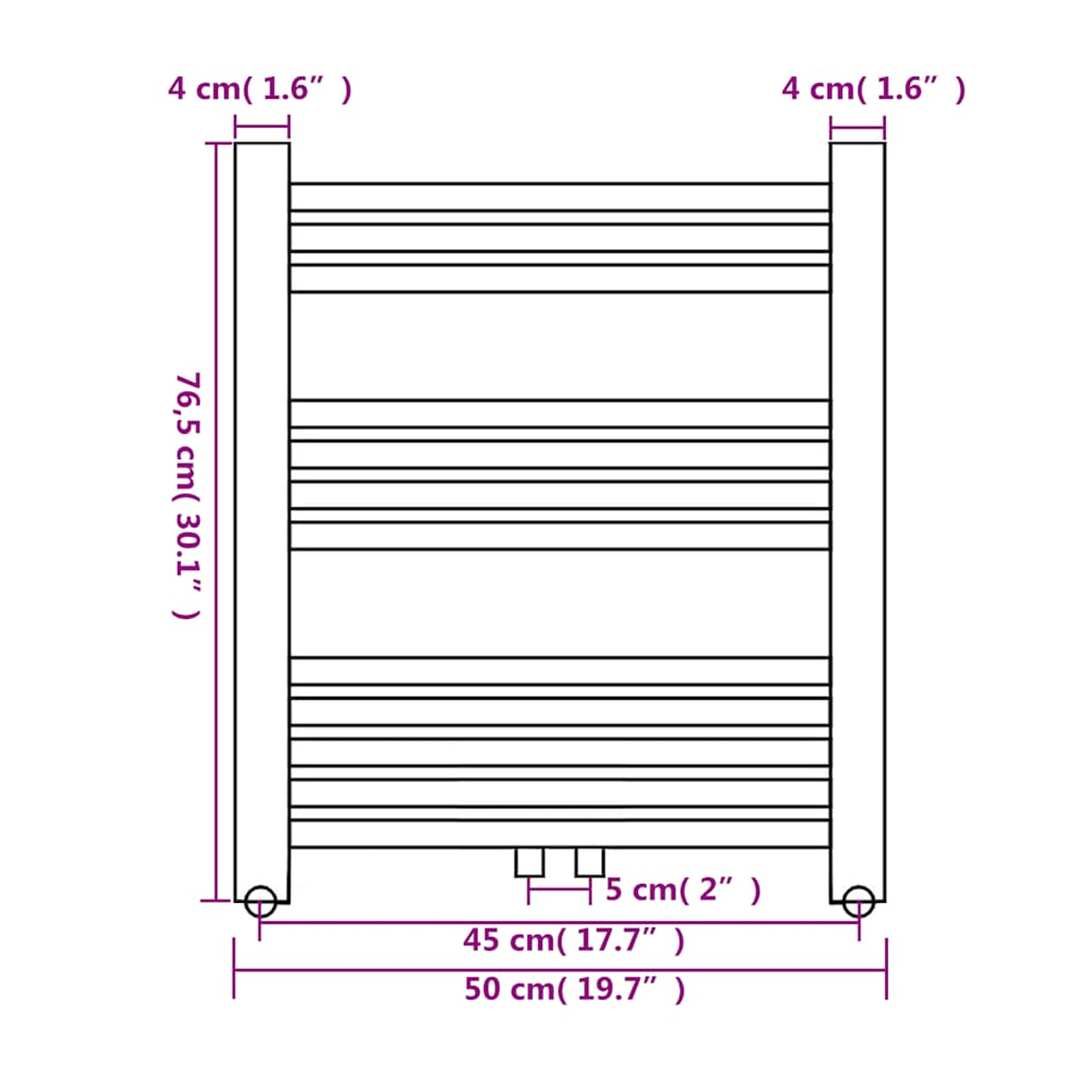 Diagramm eines Handtuchhalters mit Abmessungen in Zentimetern und Zoll. Maße umfassen Höhe, Breite und Stababstand.