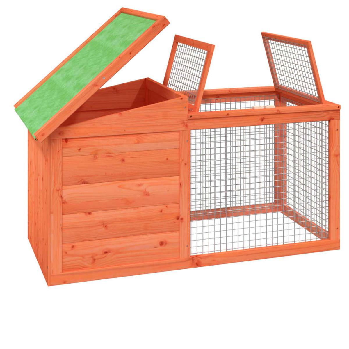 Ein hölzernes, orangefarbenes Gehege mit grünem Dach, zwei offenen Drahttüren und einem Drahtgittergehege.