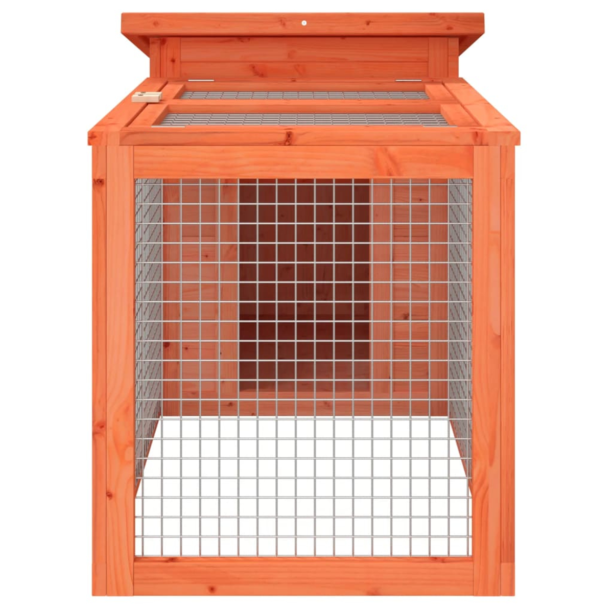 Ein hölzerner, orangefarbener Käfig mit einem Drahtgeflecht an der Vorderseite. Der Käfig hat ein Dach und eine Drahtgitteroberseite. Der Hintergrund ist weiß.
