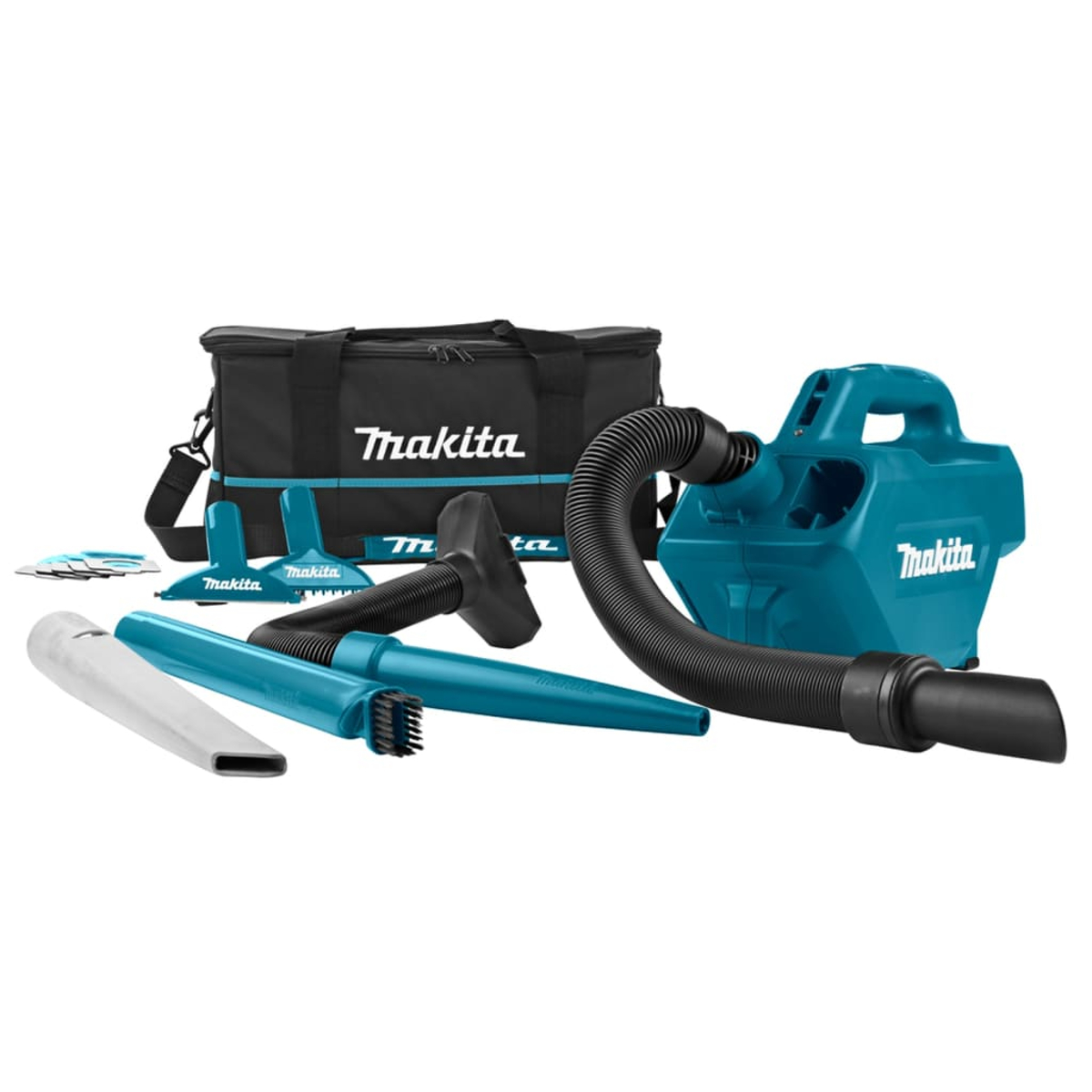 Un kit aspirapolvere senza fili Makita con vari accessori e una borsa per il trasporto. L'aspirapolvere e alcune parti sono color verde acqua.