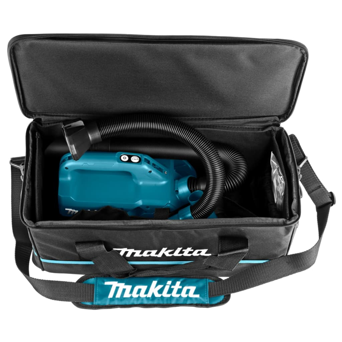 Un aspirapolvere Makita turchese in una borsa nera. La borsa ha una tracolla e il logo Makita.