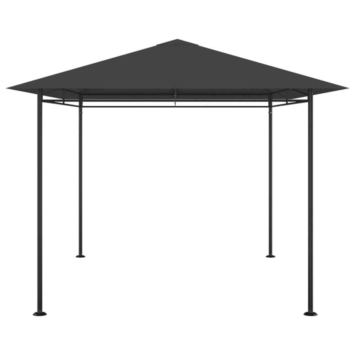 Ein schwarzer Pavillon mit einem Spitzdach. Er hat schwarze Stangen und eine Querstange. Der Hintergrund ist weiß.