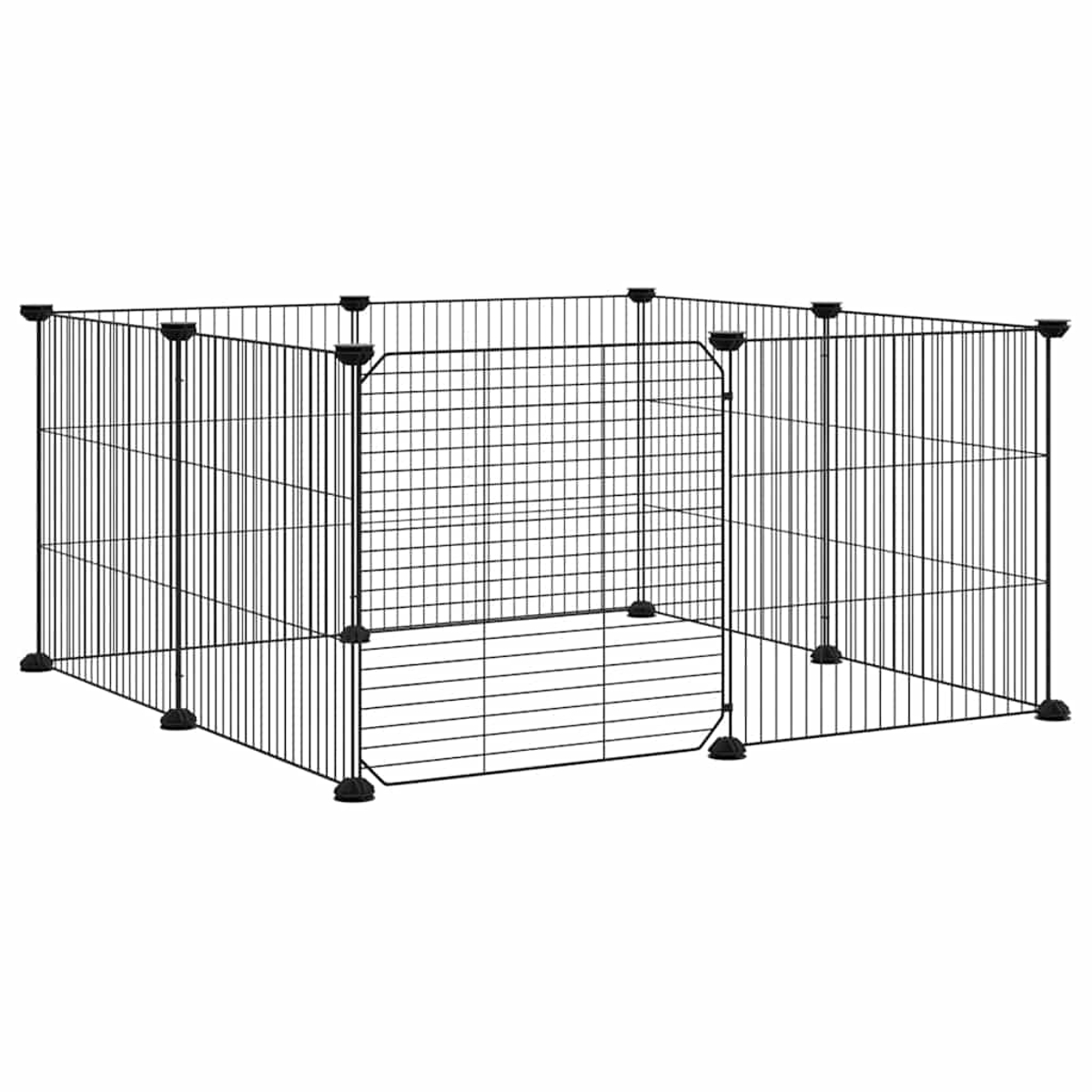Ein schwarzes Metall-Haustiergehege. Es hat ein Tor und ist auf weißem Hintergrund platziert.