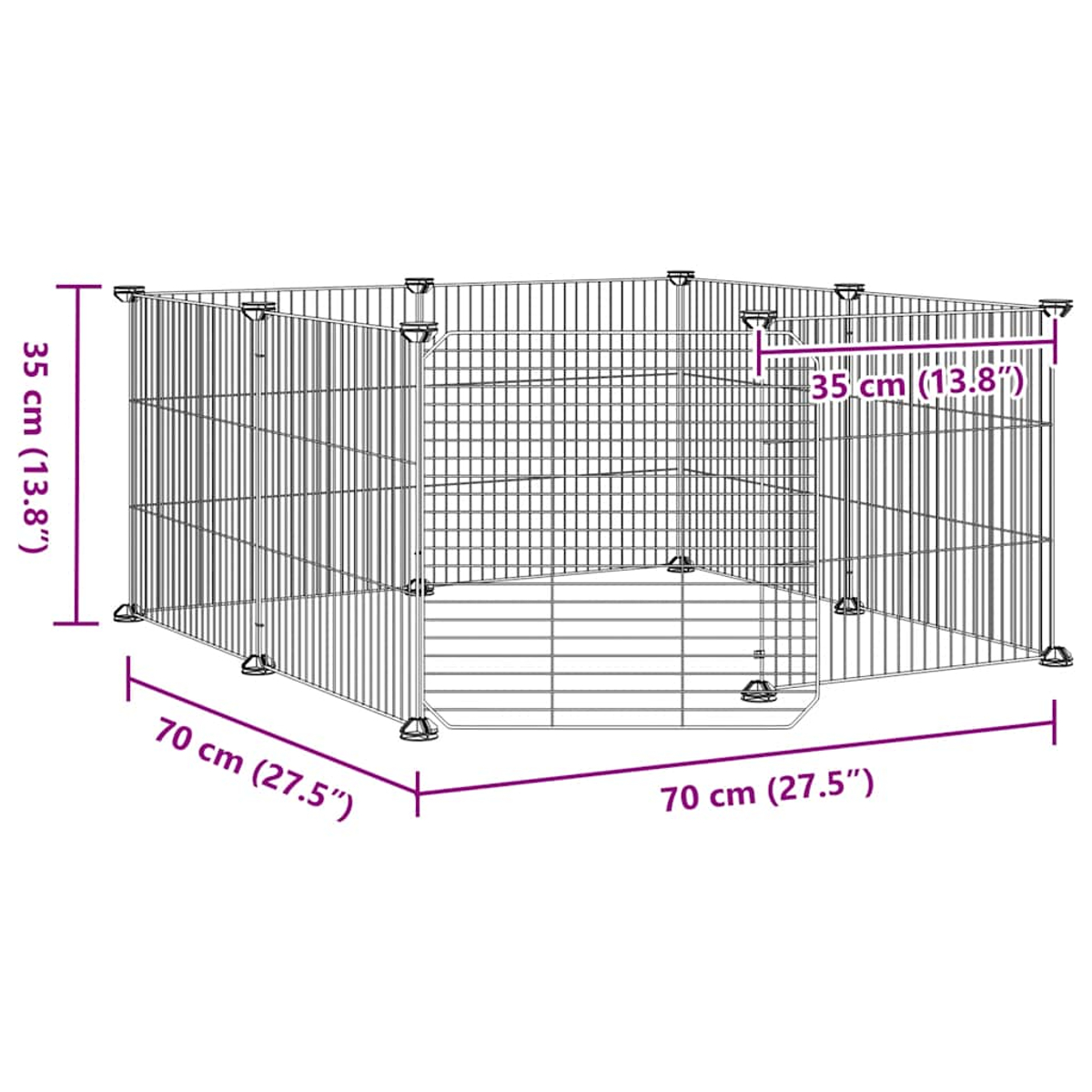 Ein Metall-Haustier-Gehege, Maße sind beschriftet: 70 cm x 70 cm und 35 cm. Das Gehege besteht aus Draht und hat einen niedrigen Boden.