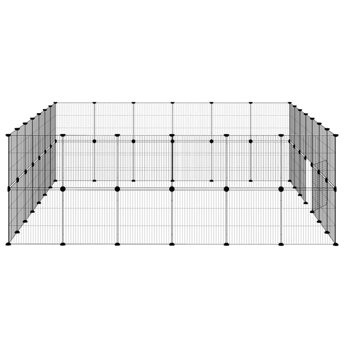 Gezeigt wird ein grauer Drahtkäfig, der mit schwarzen Verbindern zusammengebaut ist. Der Käfig bildet eine rechteckige Form.