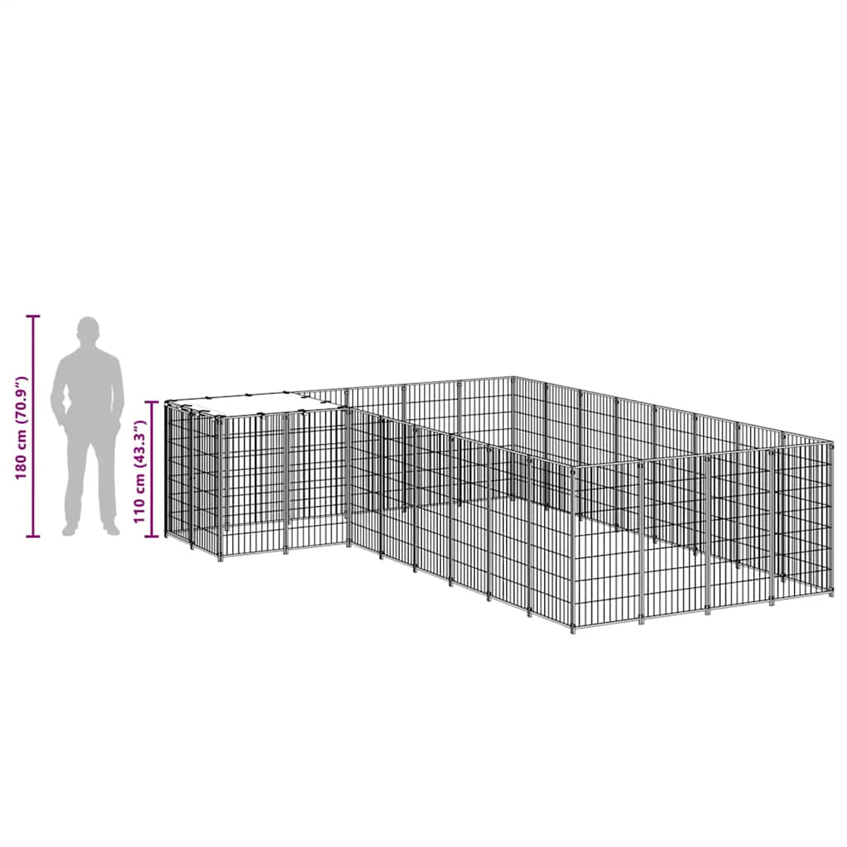 Eine Illustration zeigt ein großes Metallgehege für Haustiere, daneben ist die Körpergröße einer Person markiert. Der Käfig ist schwarz und rechteckig.