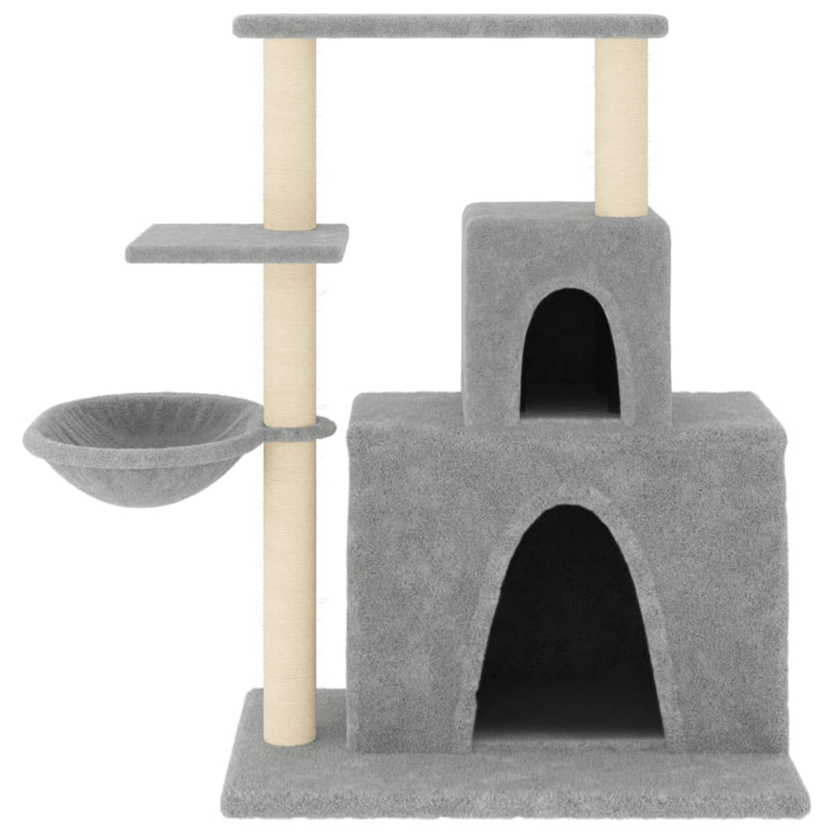 Grauer Kratzbaum mit mehreren Ebenen, Plattformen, einer Hängematte und Kratzpfosten. Er hat ein neutrales Farbschema und einen stabilen Stand.
