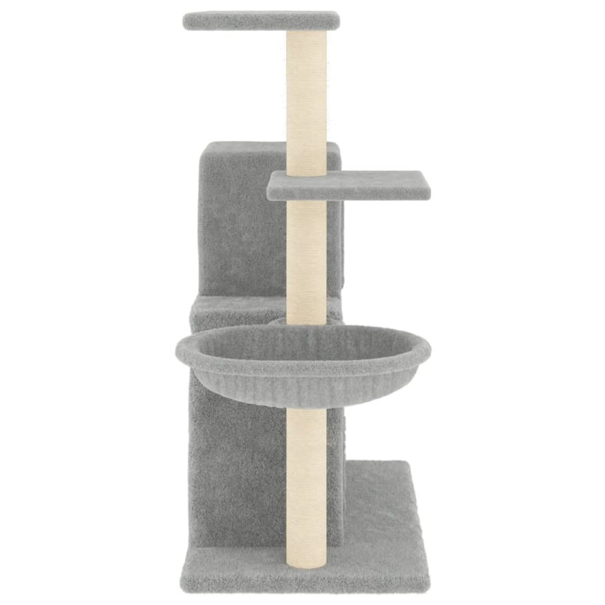 Ein grauer Katzenbaum mit mehreren Plattformen, einer Hängematte und Kratzbäumen auf weißem Hintergrund.