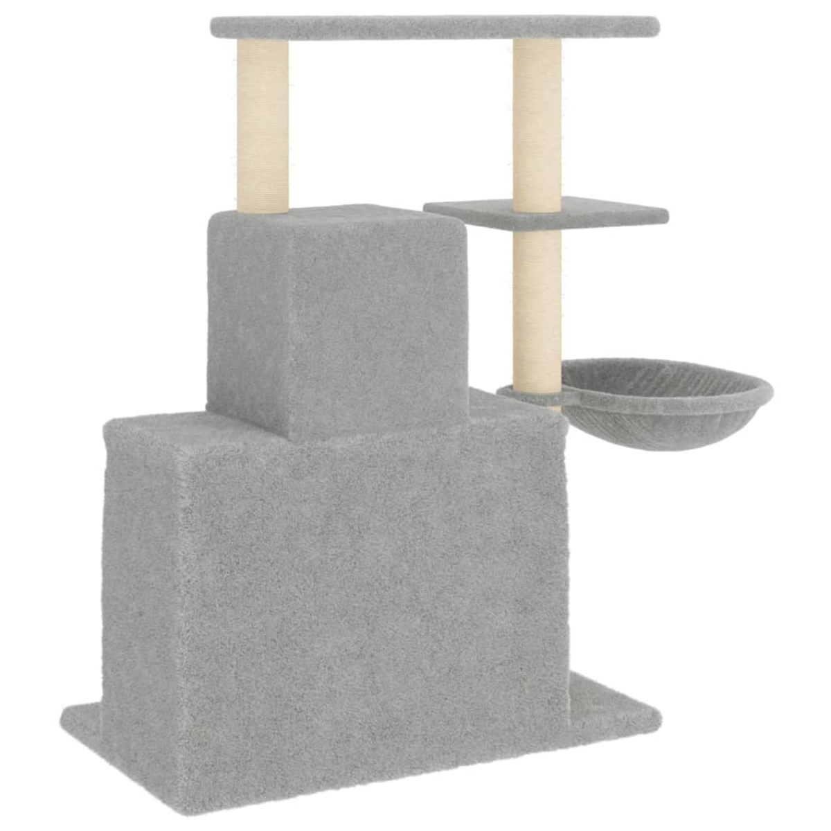 Ein grauer Katzenbaum mit mehreren Ebenen und einem Korb. Er hat beige Pfosten und eine Plattform oben.