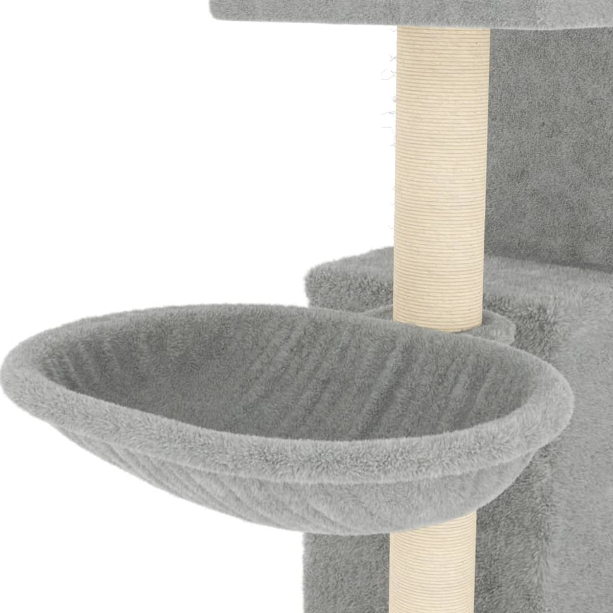 Grauer Katzenbaum mit Hängematte, Kratzbaum und Plattform. Der Hintergrund ist weiß.
