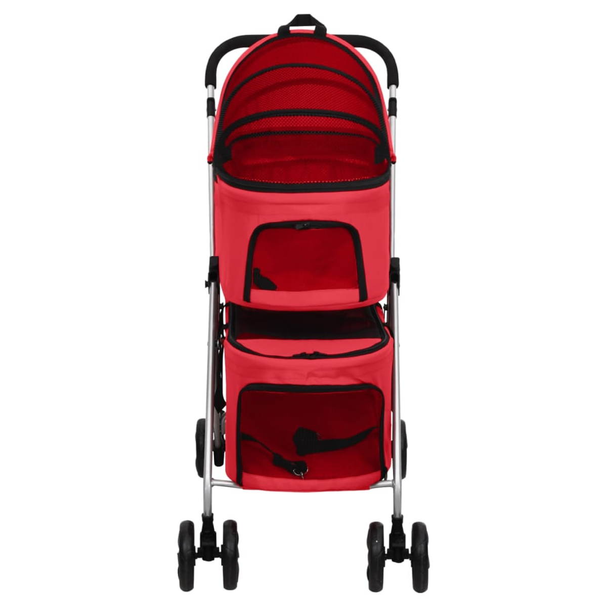 Ein roter Tierkinderwagen mit schwarzem Griff, Verdeck und Rädern. Er hat zwei Fächer für Haustiere.