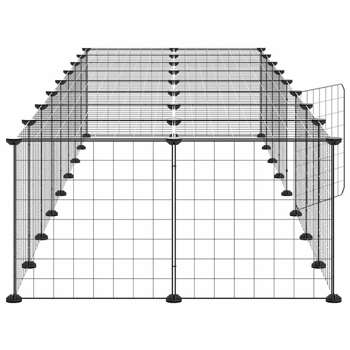 Ein schwarzer Metall-Haustier-Laufstall, der aus Gitterplatten und Verbindern besteht, mit einem schrägen Dach und einer offenen Tür.
