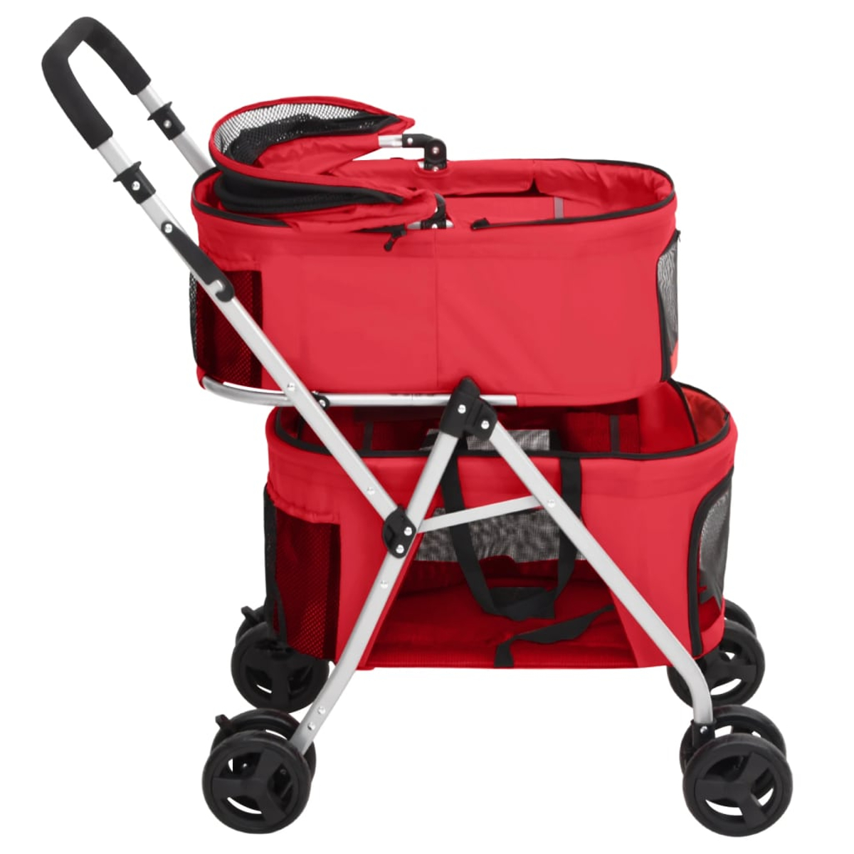 Ein roter Tierkinderwagen mit schwarzem Griff und Rädern. Der Kinderwagen hat zwei Ebenen und Mesh-Fenster.