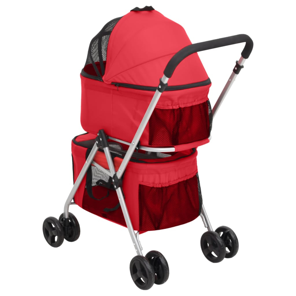 Ein roter Tierwagen mit schwarzem Griff, schwarzen Rädern und Netztüren. Er hat zwei Ebenen und steht auf weißem Hintergrund.