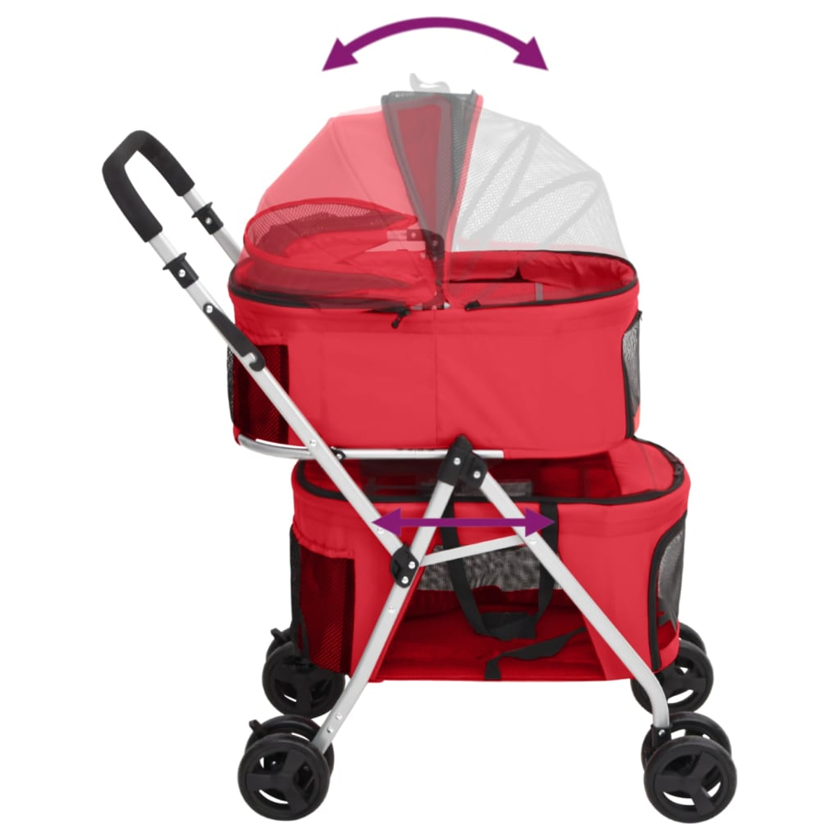 Roter Haustier-Kinderwagen mit schwarzen Rädern und einem Verdeck. Er hat einen Griff und steht auf weißem Hintergrund. Pfeile zeigen auf öffnende Teile.