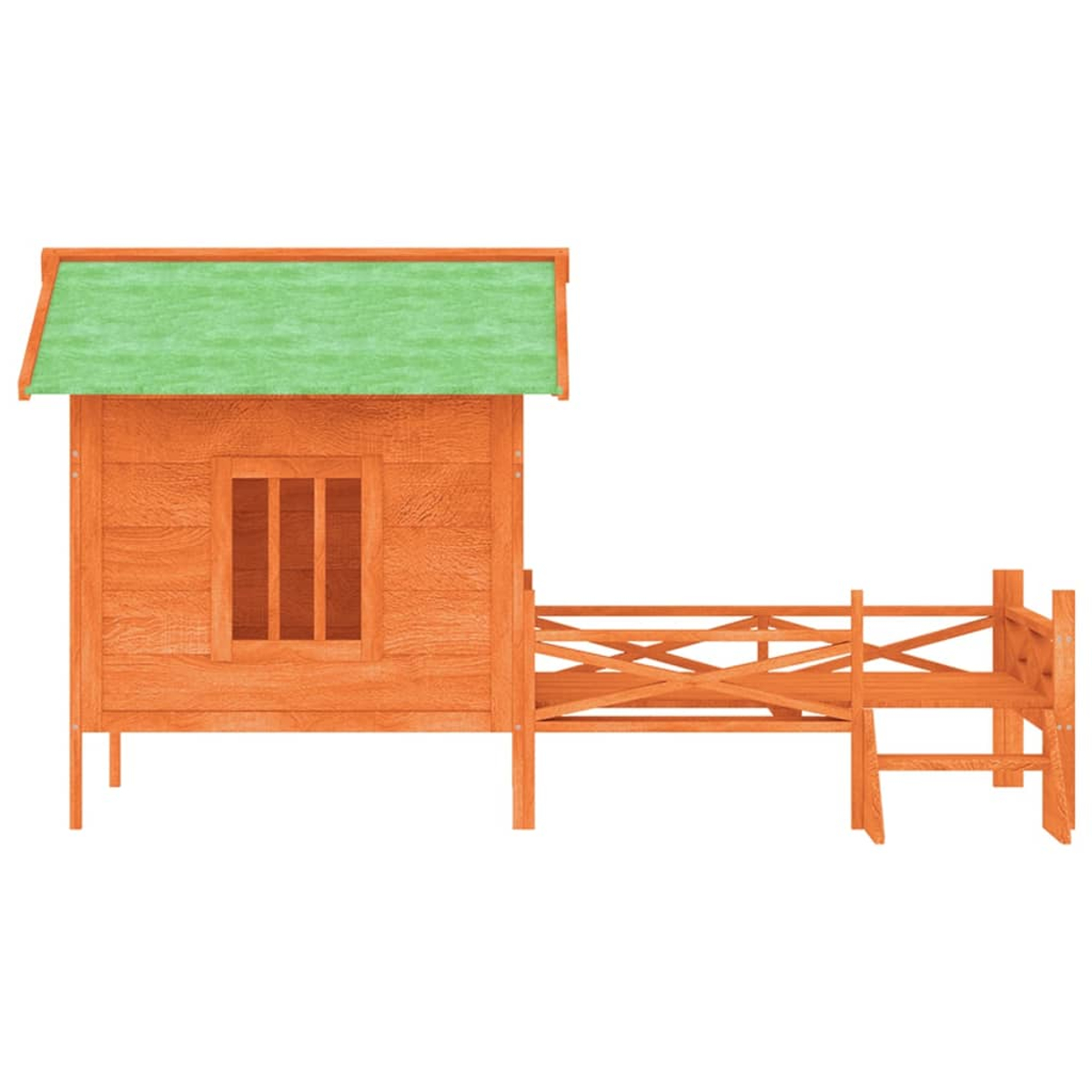 Holzspielhaus mit grünem Dach und angebautem Zaun. Das Spielhaus hat ein Fenster mit drei vertikalen Stäben.
