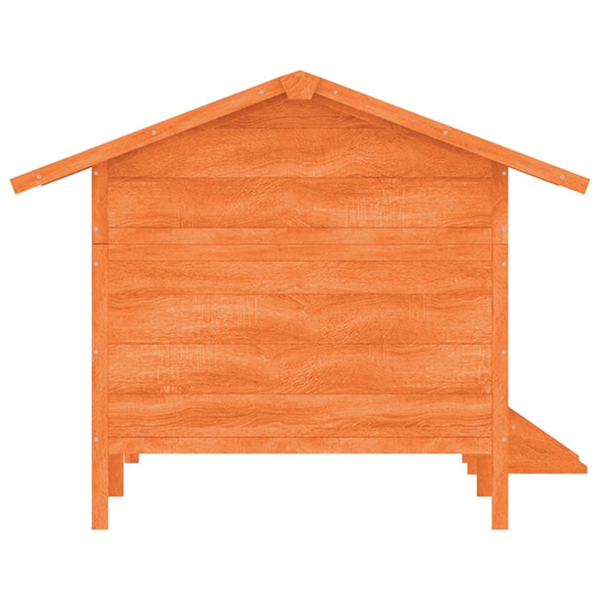 Ein orangefarbener Hühnerstall aus Holz. Er hat ein Satteldach und eine Rampe. Der Stall steht auf Beinen.