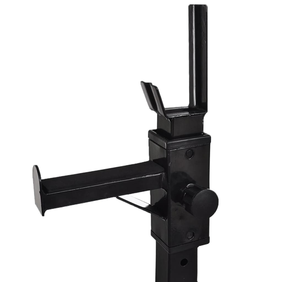 Ein schwarzes Gewichtheber-Rack, bestehend aus vertikalen und horizontalen Stützen. Es hat einen zylindrischen Einstellknopf und eine U-förmige Stangenhalterung.