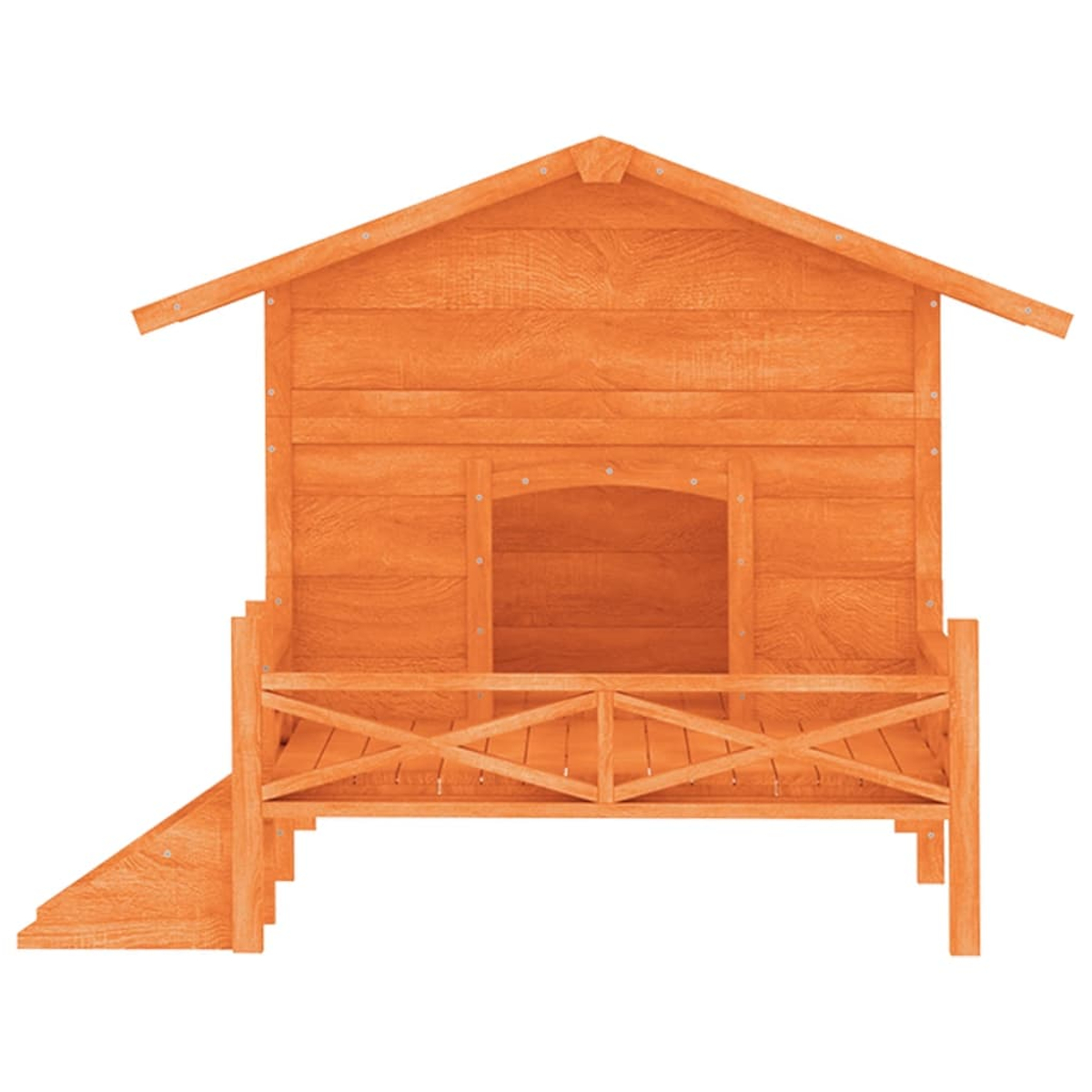 Ein hölzernes Spielhaus mit Veranda und Rampe, alles in orangefarben, steht isoliert auf weißem Hintergrund.