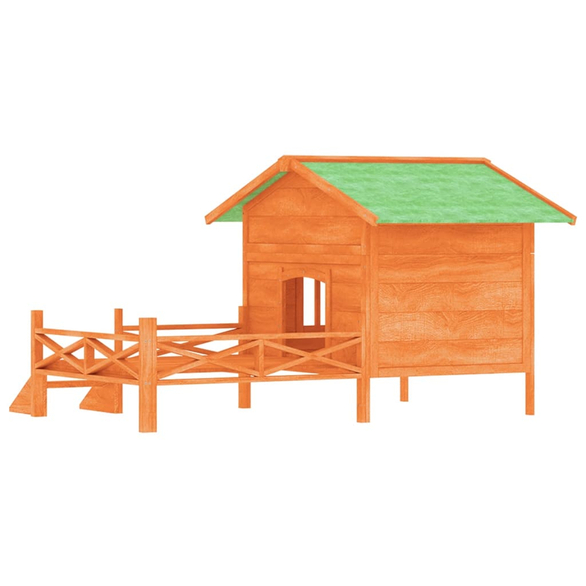Ein hölzernes Spielhaus mit grünem Dach und kleinem Deck mit Geländer. Das Haus ist orange, auf weißem Hintergrund.