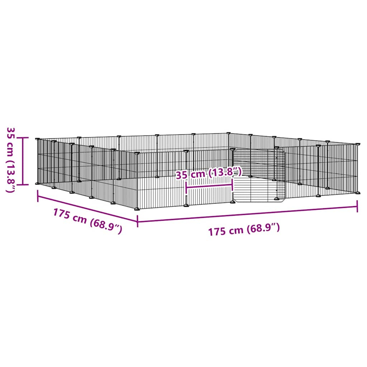 Ein rechteckiger Drahtzaun mit Abmessungen wird gezeigt. Er hat eine Tür. Maße: 175 cm (68,9"), 35 cm (13,8").