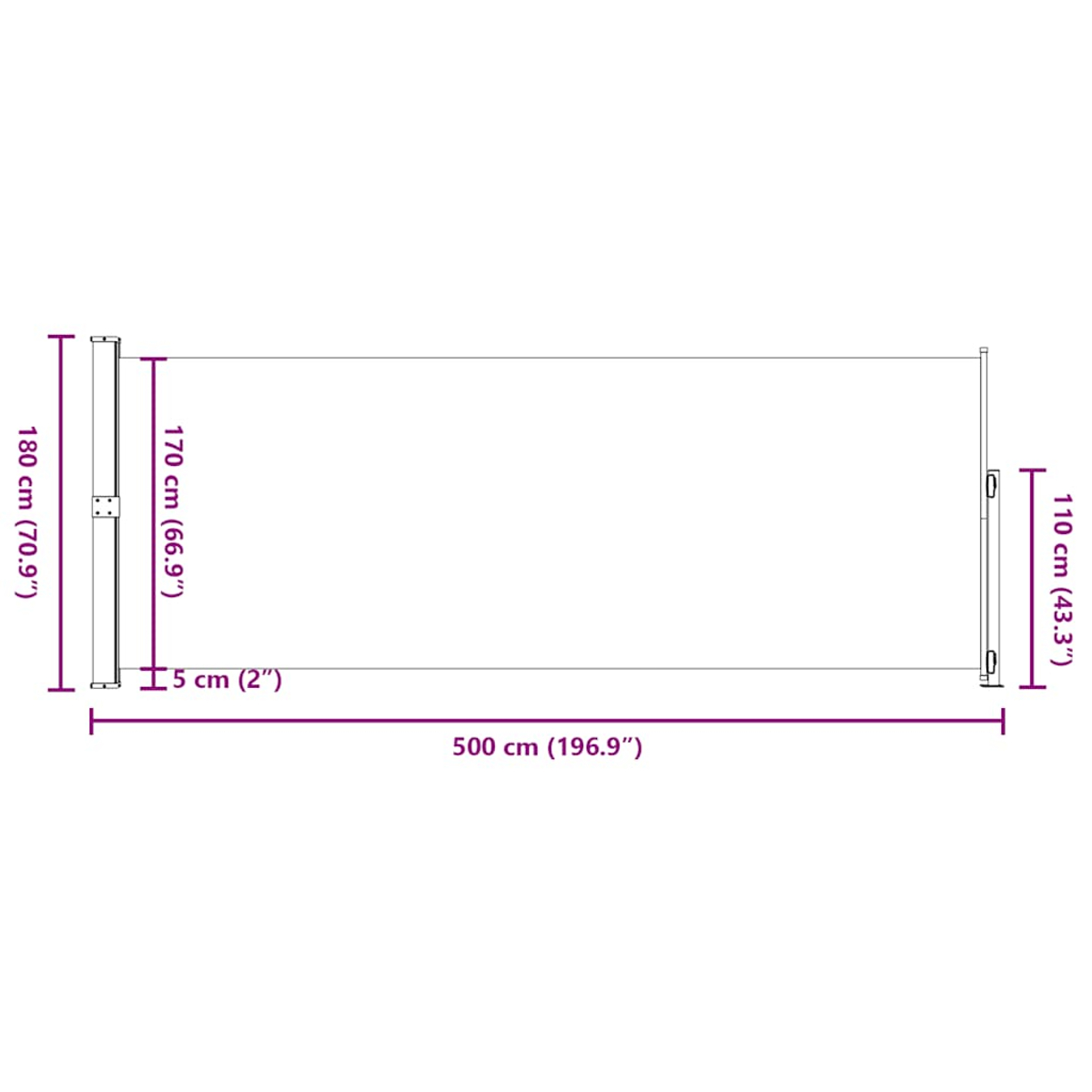 Diagramm mit Abmessungen einer Struktur. Es ist 500 cm lang, 180 cm hoch und 110 cm breit. Maße sind in cm und Zoll angegeben.