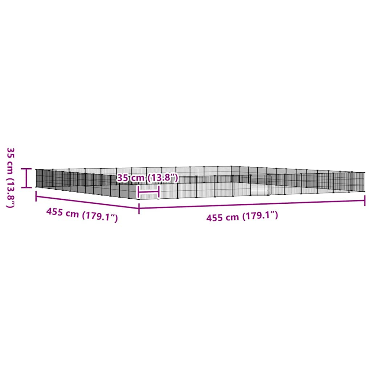 Ein rechteckiger, schwarzer Drahtzaun mit beschrifteten Abmessungen: 455 cm (179,1"), 35 cm (13,8").