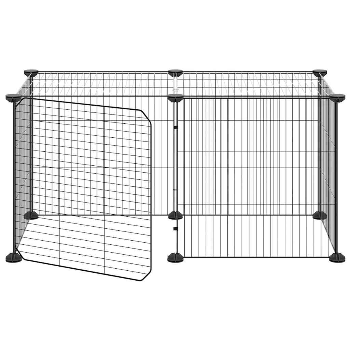 Ein schwarzer Metall-Haustierstall mit offener Tür. Der Stall ist rechteckig mit vertikalen Stäben und einer Gittertür. Schwarze Verbinder sind sichtbar.