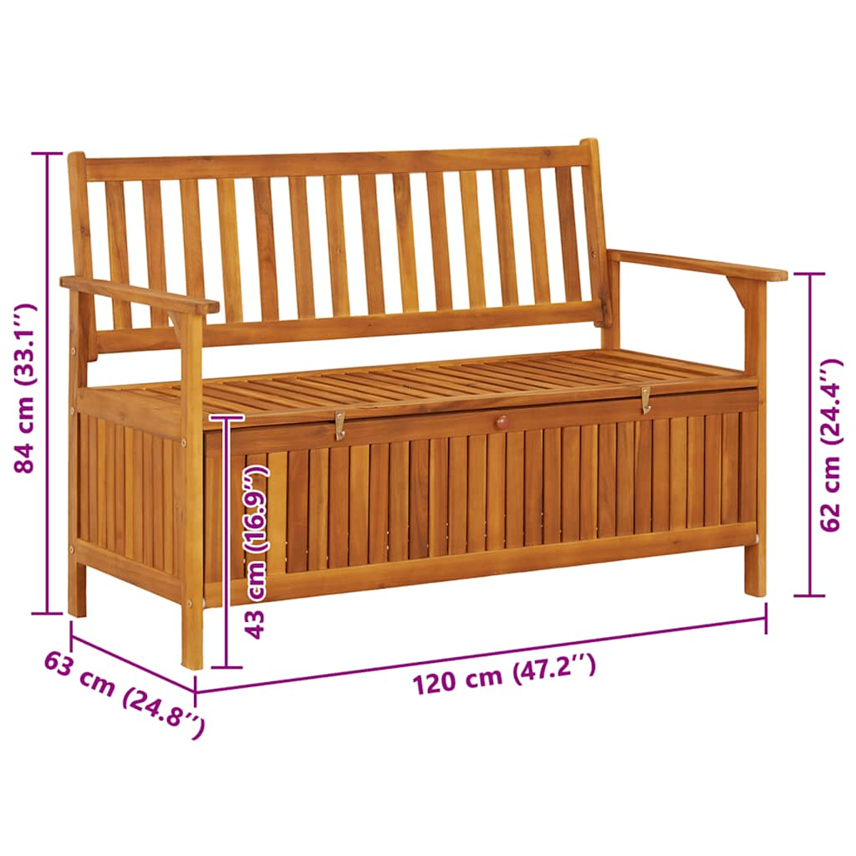 Eine Holzbank mit Staufach. Abmessungen sind angegeben: 120 cm lang, 84 cm hoch, 63 cm tief. Sie ist braun und hat Armlehnen.