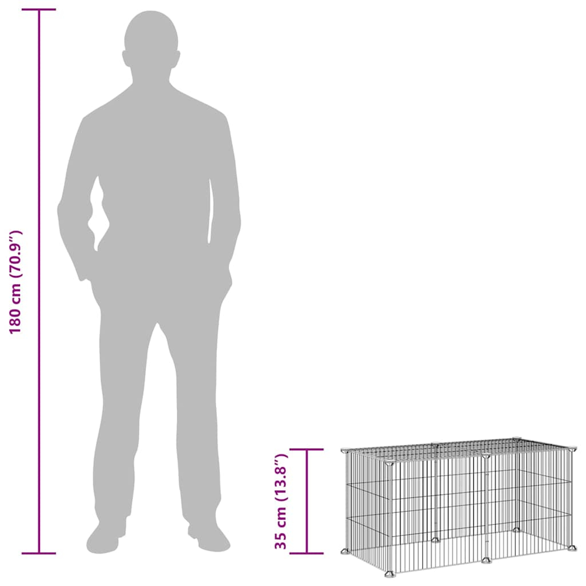Eine Silhouette einer Person steht neben einem Metallkäfig. Messlinien zeigen, dass die Person 180 cm und der Käfig 35 cm hoch ist.