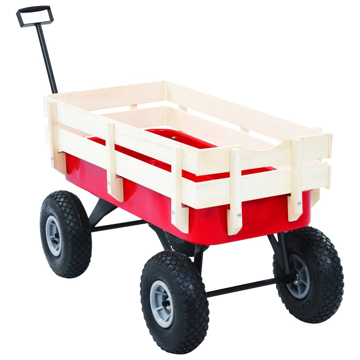 Ein roter Wagen mit Holzseiten und vier schwarzen Reifen. Er hat einen schwarzen Griff zum Ziehen. Der Hintergrund ist weiß.