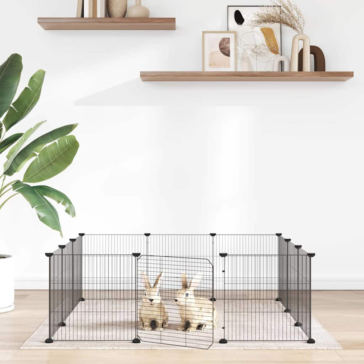 Zwei Kaninchen in einem schwarzen Drahtgehege. Das Gehege steht auf einem Teppich auf einem Holzboden. Regale mit Dekoration befinden sich an der weißen Wand.