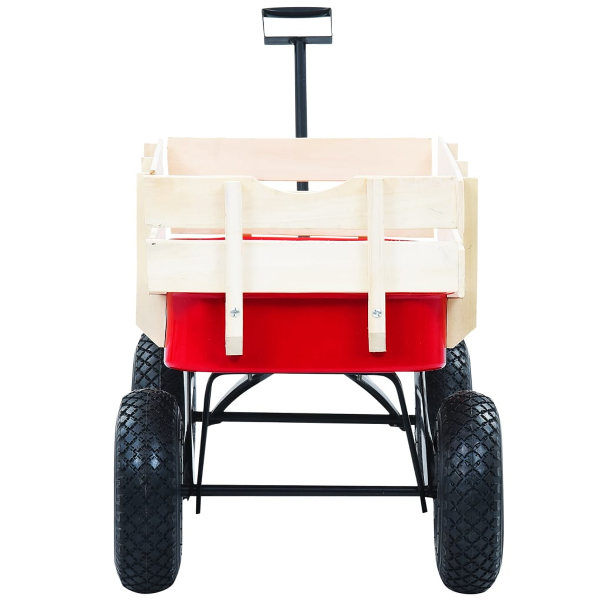 Ein roter Wagen mit Holzrahmen und schwarzen Reifen vor weißem Hintergrund. Er hat einen schwarzen Griff.