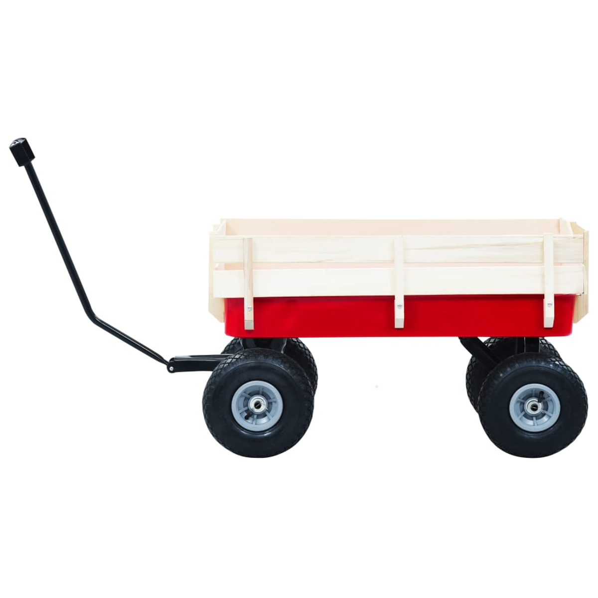 Ein roter Wagen mit Holzseiten und schwarzen Reifen steht auf weißem Grund. Der Griff ist schwarz und nach links ausgezogen.