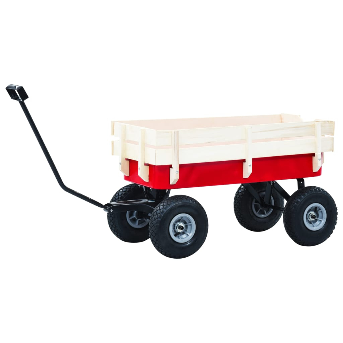 Ein roter Wagen mit Holzseiten und vier schwarzen Rädern. Der Wagen hat einen schwarzen Griff und steht vor weißem Hintergrund.