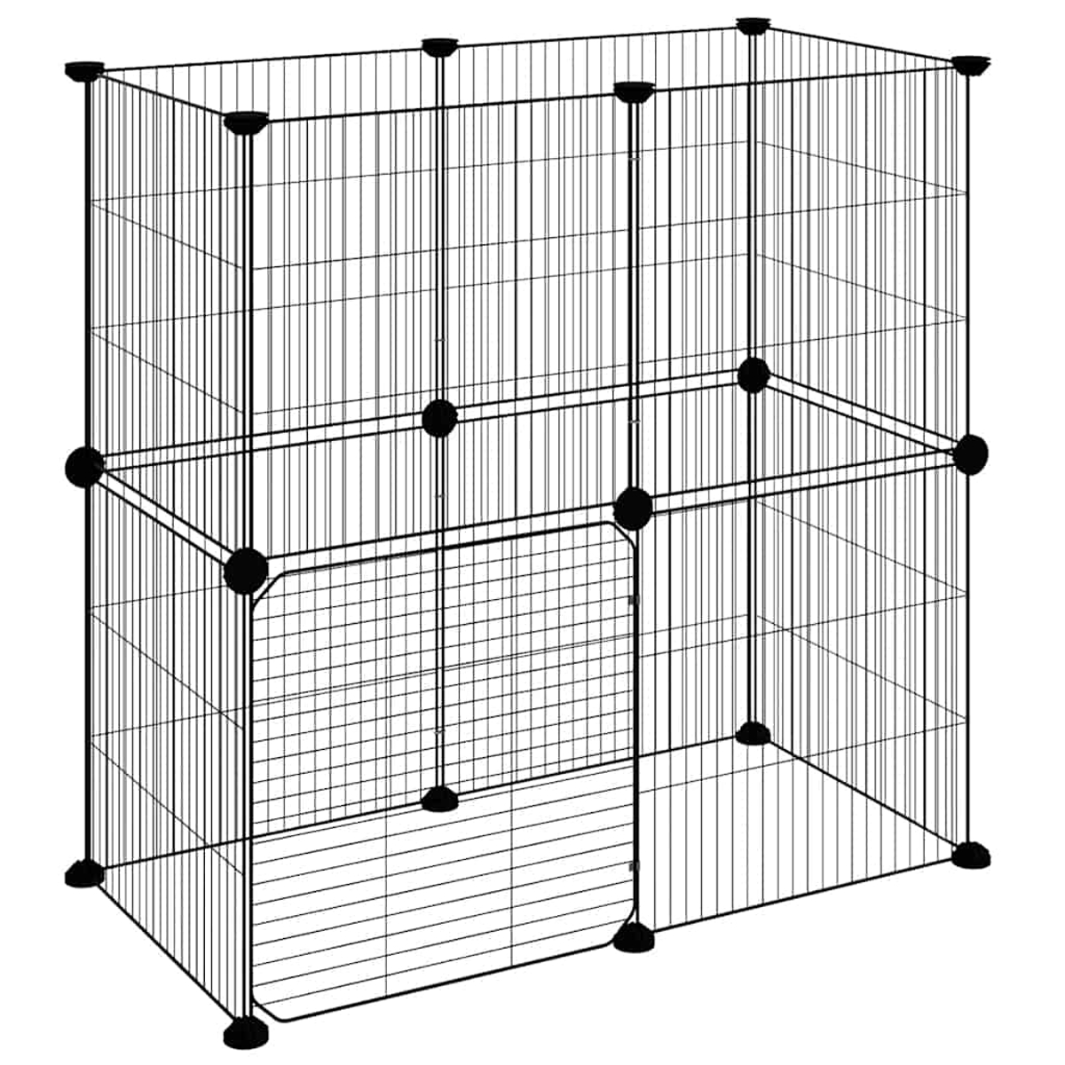 Schwarzer Draht-Haustier-Stift. Rechteckige Form mit einer Tür an der Seite. Der Stift besteht aus Metallstäben, die durch schwarze Verbinder verbunden sind.