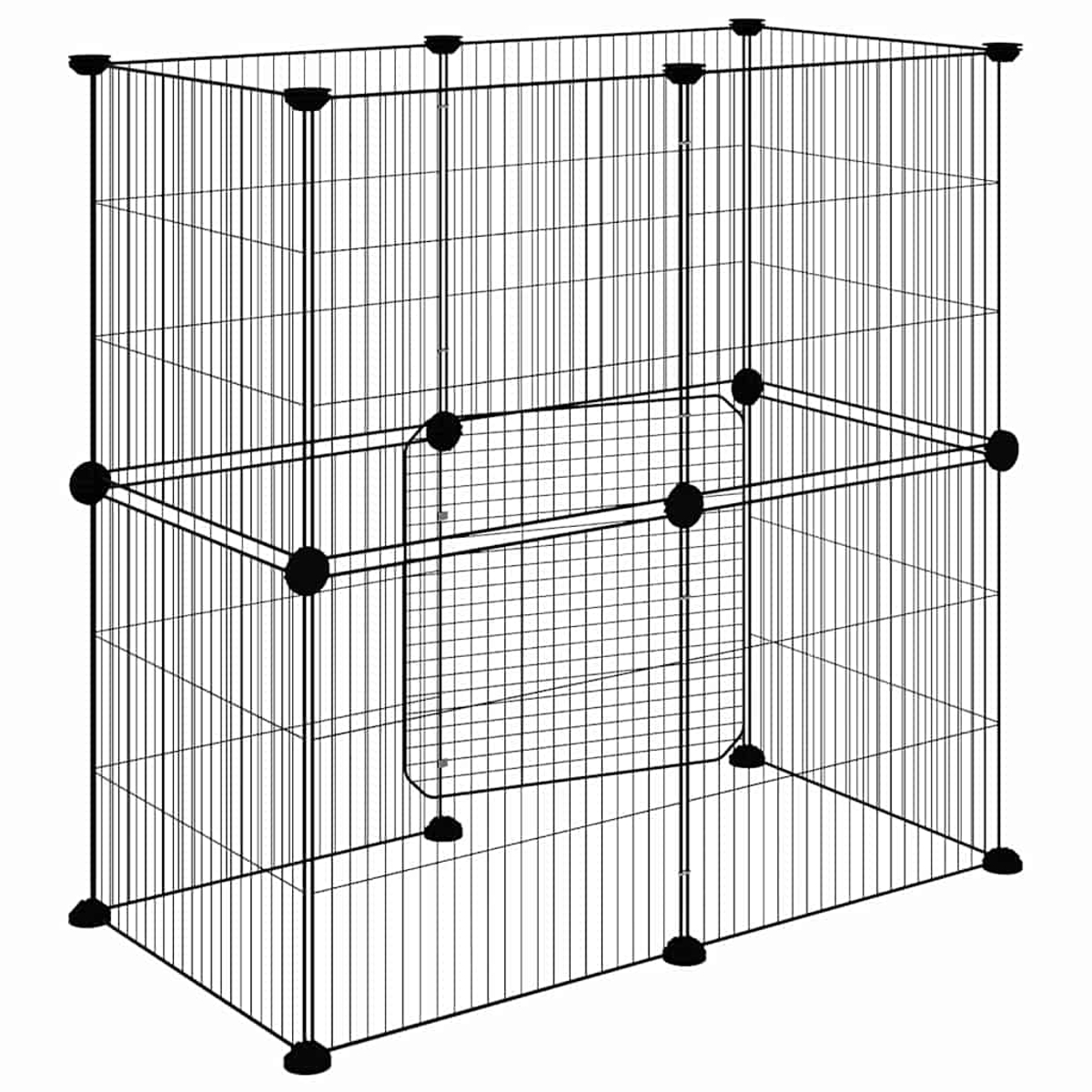 Ein schwarzer Drahtkäfig für Haustiere mit einer Tür. Er ist rechteckig mit abgerundeten Ecken an der Basis und oben. Der Hintergrund ist weiß.
