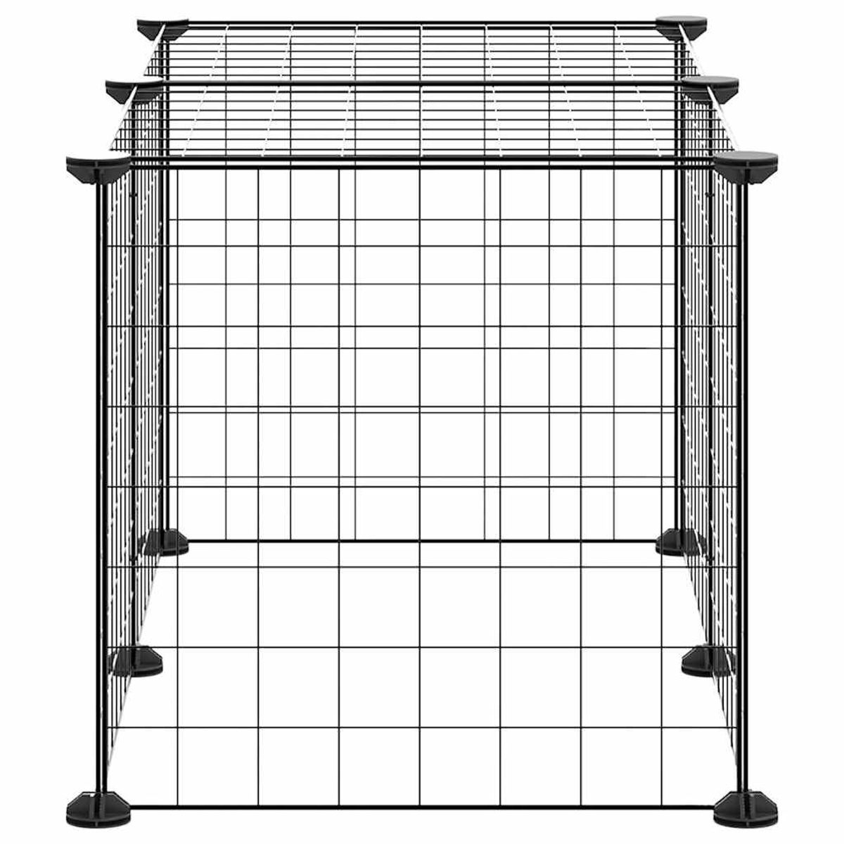 Ein schwarzes Drahtwürfel-Aufbewahrungselement, montiert. Der Rahmen besteht aus schwarzen Metallgittern mit schwarzen Kunststoff-Eckverbindern und Füßen.