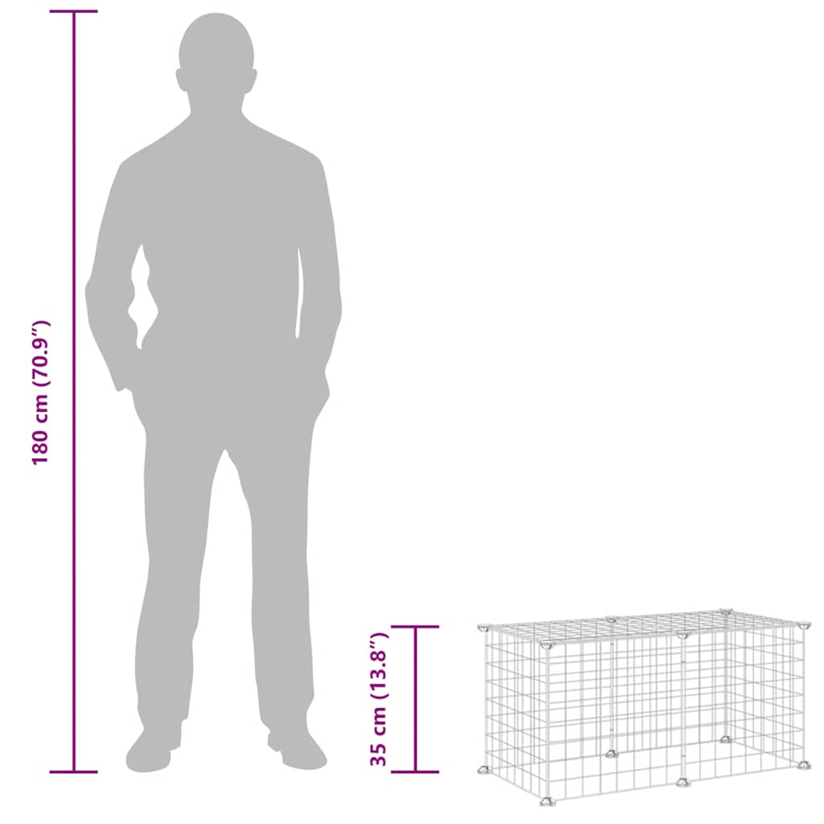 Graue Silhouette einer Person steht neben einem Drahtkäfig. Abmessungen der Person und des Käfigs sind mit lila Linien angegeben.