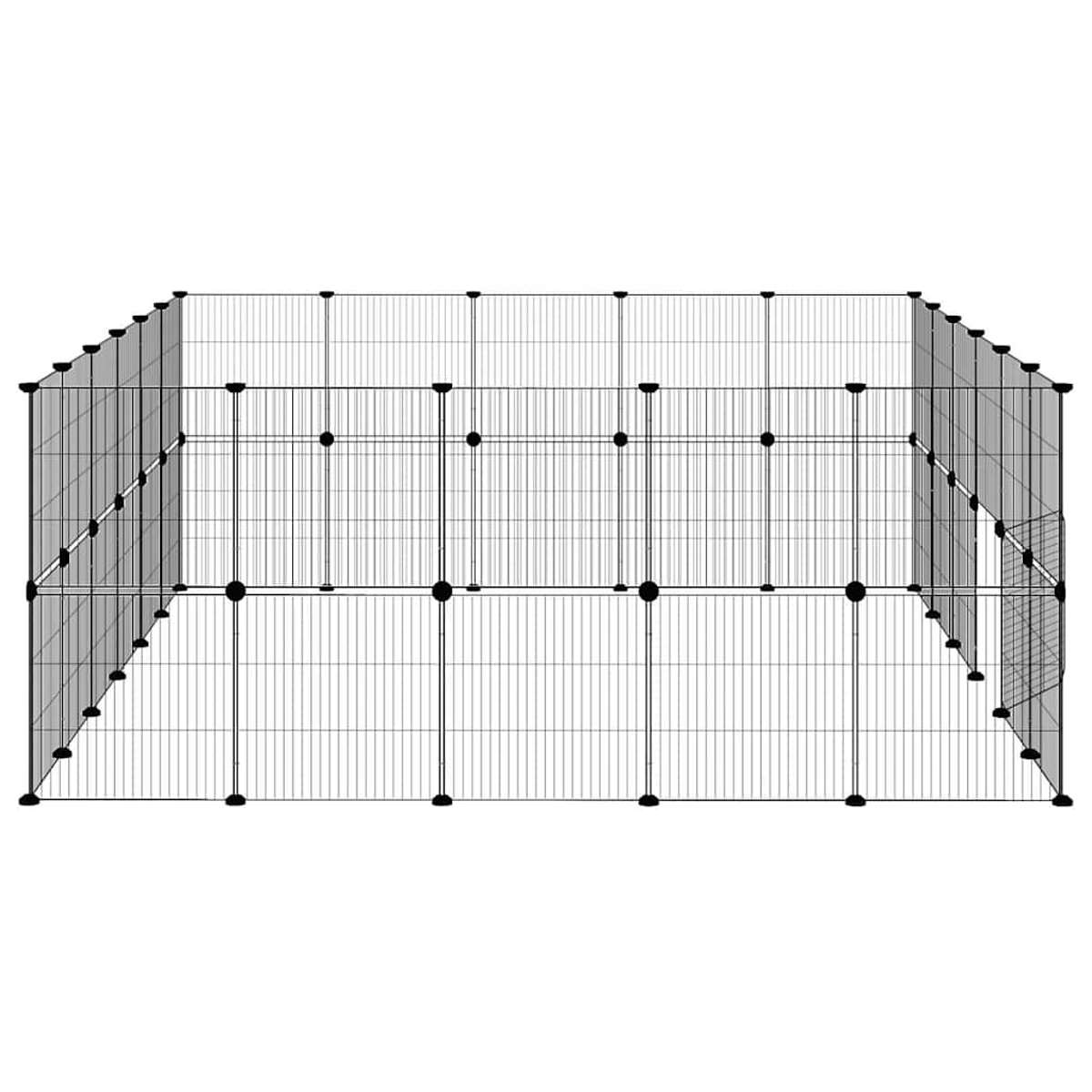 Ein Metall-Haustiergehege mit Gittermuster. Es hat vertikale und horizontale Stäbe, die durch schwarze Verbindungen verbunden sind.
