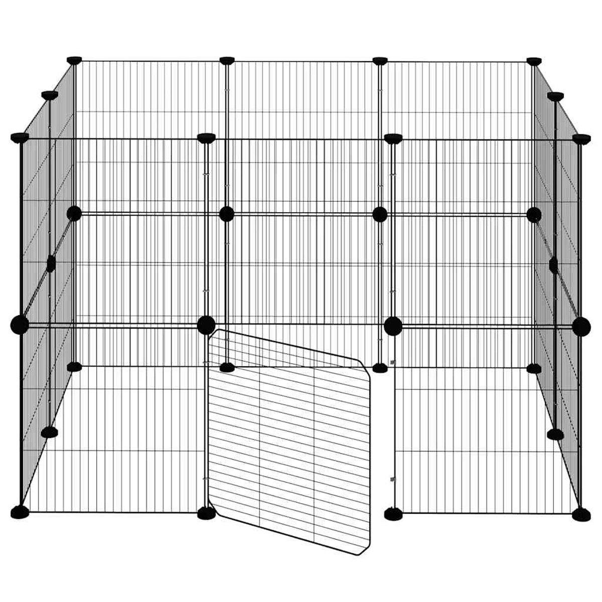 Ein schwarzer Metall-Haustier-Laufstall, offene Tür vorne. Vertikale Stäbe bilden die Wände und die Tür. Schwarze Verbinder.