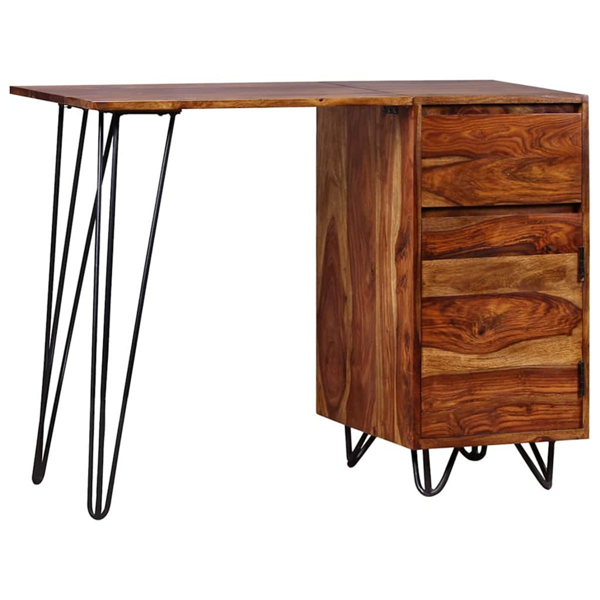Holzschreibtisch mit Tischplatte, Schubladen und schwarzen Metallbeinen. Der Schreibtisch ist braun und steht vor weißem Hintergrund.