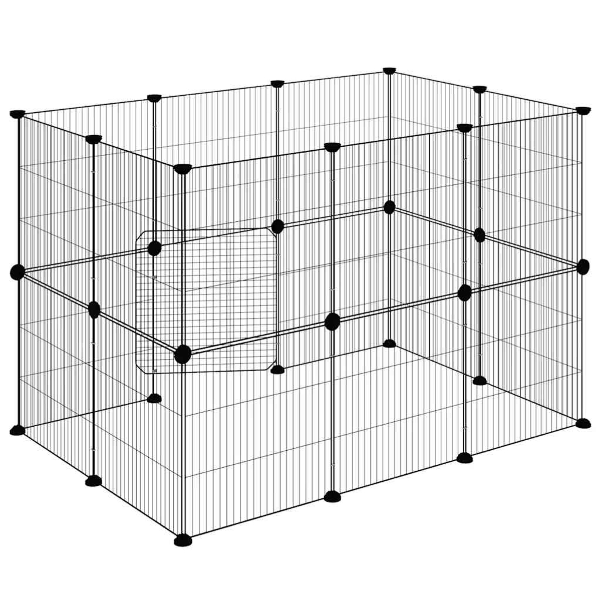 Ein schwarzes Draht-Haustiergehege, rechteckige Form. Vertikale Stäbe und horizontale Stützen, verbunden durch schwarze Kunststoffverbinder. Eine Tür ist sichtbar.