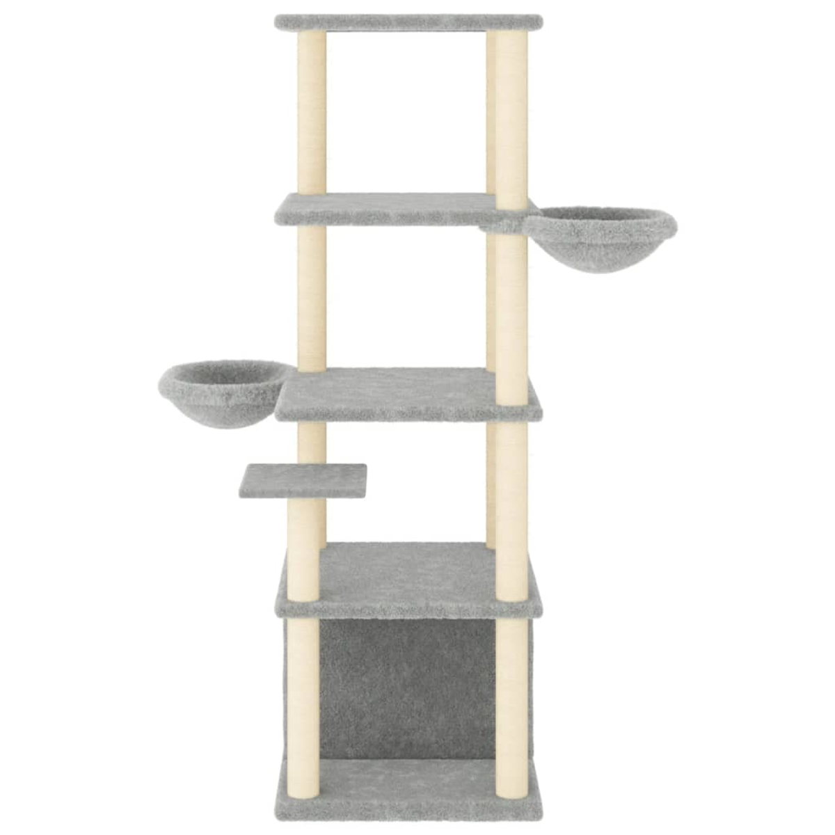 Ein grauer Katzenbaum mit mehreren Ebenen, Plattformen und zwei schalenförmigen Betten. Beige Pfosten stützen die Struktur.